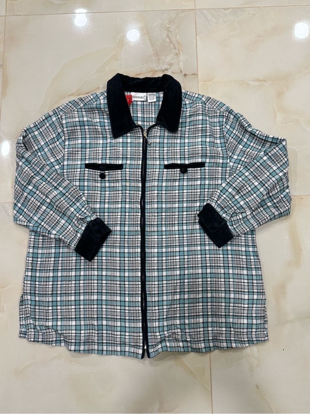 Fashion Bug Black Collar Aqua and White Plaid Zip Jacket